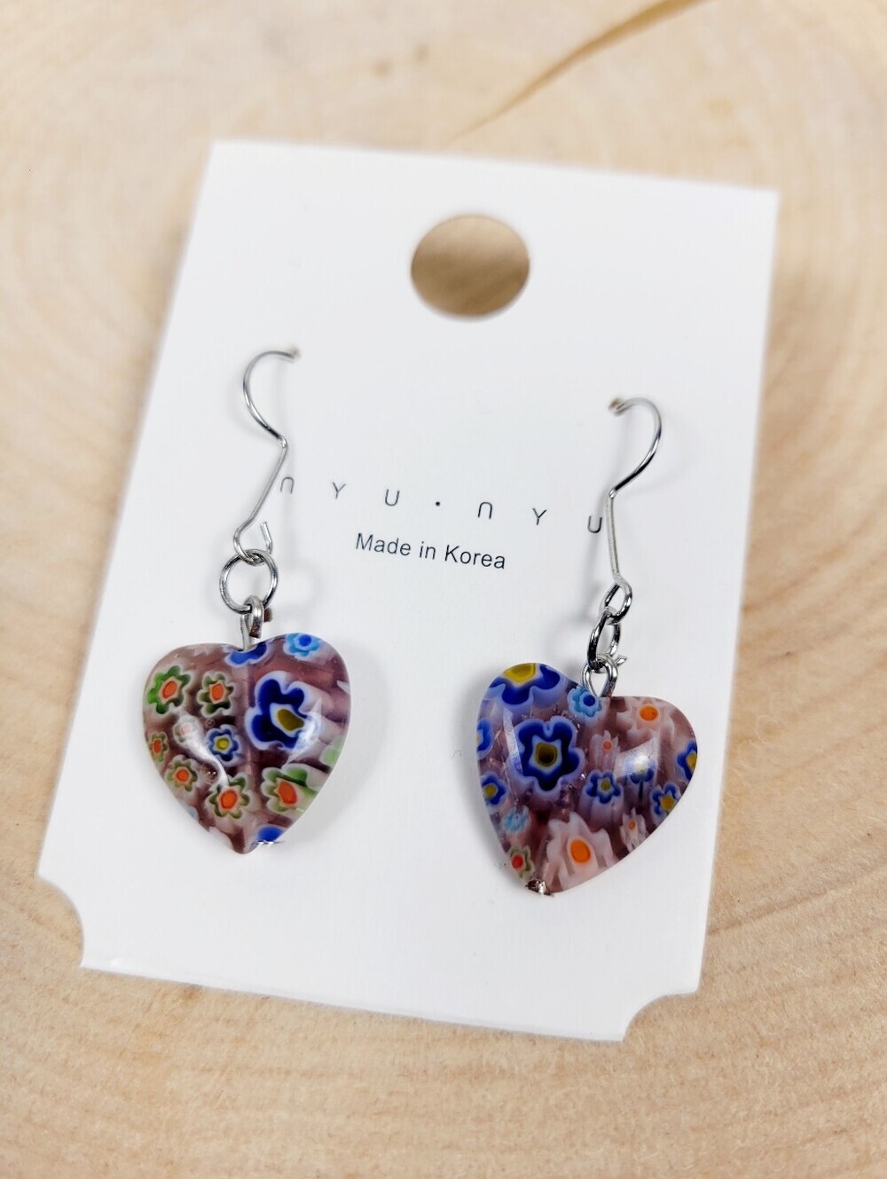 Brand New Silver Tone Glass Bead Heart Floral Pattern Dangle Earrings